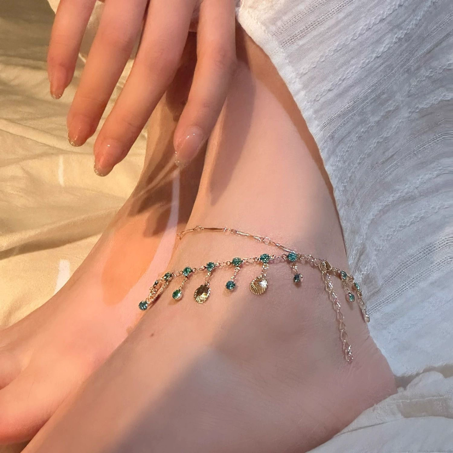 Anklet (Blue Love) double-layer shell, seaside vacation style, delicate 10 cm chain