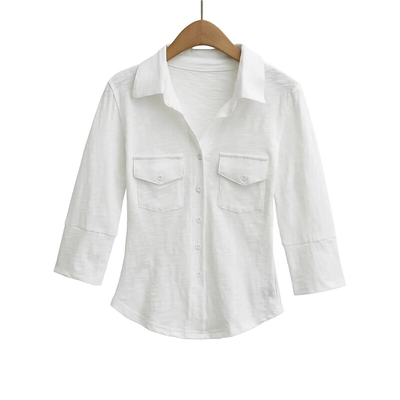 French-Style Slim-Fit Lapel Right-Shoulder Shirt for Women with Unique Design, Pocket Decoration, Waist-Cinching, Slimming Hot Girl Top French-Style Slim-Fit Lapel Right-Shoulder Shirt for Women with Unique Design, Pocket Decoration, Waist-Cinching, Slimming Hot Girl Top