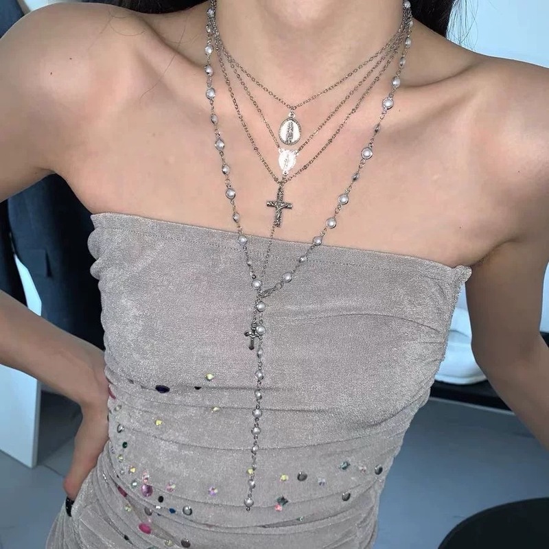 美式y2k十字架吊坠珍珠叠戴项链女小众设计复古法式长款锁骨链潮|undefined
