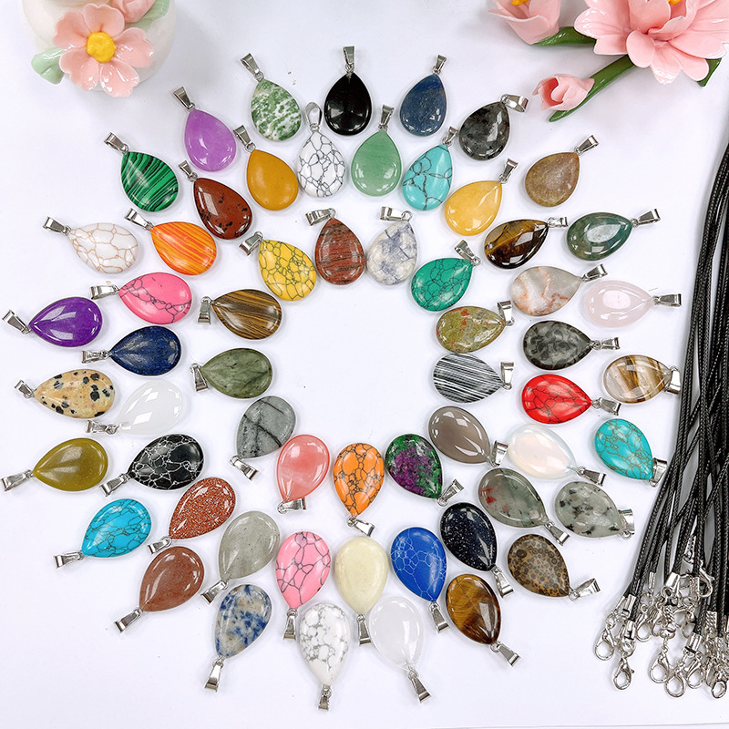 Cross-Border Natural Stone Crystal Flat Crystal Pendant Agate Gemstone Flat Water Drop Necklace Earrings Jewelry Accessories Wholesale