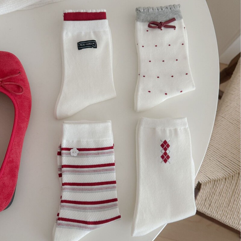 Spring and Summer Retro Red and White Mid-Calf Socks for Women, Diamond Pattern, Polka Dots, Stripes, Versatile Breathable Cotton Socks, Japanese Style College Slouch Socks
