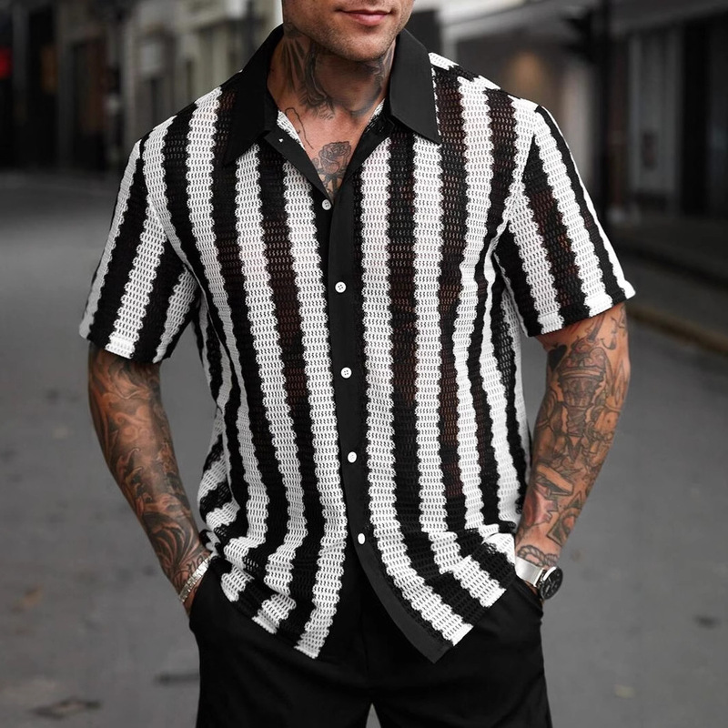 2025 Cross Border Hot Sale Men's Black and White Striped Hollow Short Sleeve Shirt Daily Casual Top