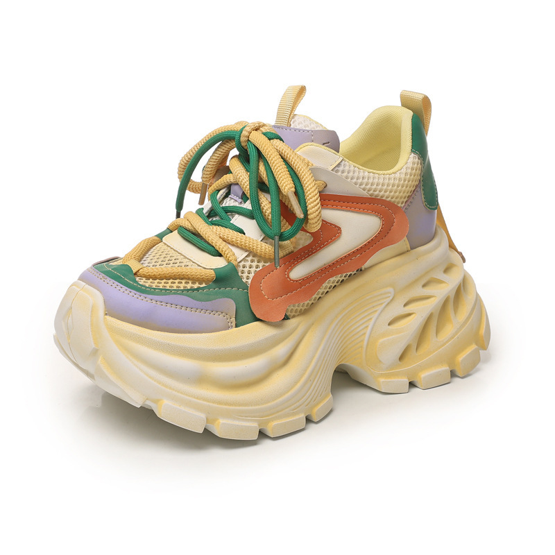 Giày sneaker nữ đế dày lưới thoáng khí phong cách daddy giày tăng chiều cao — màu hồng