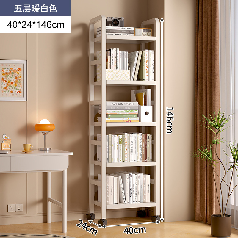 Estante de libros de hierro forjado estante de almacenamiento de piso multicapa polea móvil pequeño estante de libros junto al escritorio simple pared estrecha gabinete de almacenamiento
