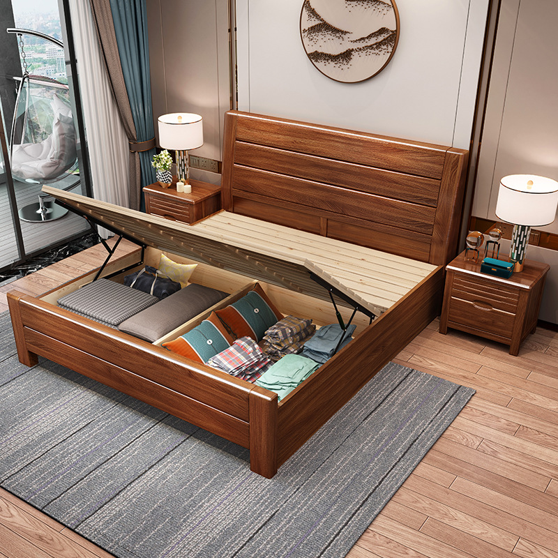 Moderno chino nogal cama de madera maciza 1,8 m dormitorio principal cama doble 1,5 simple almacenamiento económico muebles de dormitorio