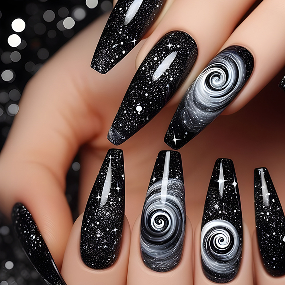 Ventas transfronterizas de agujeros negros estelares parches de uñas largos de estilo ballet de uñas en línea parches de uñas falsas