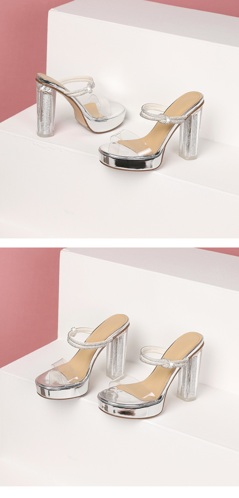 Sandal cao gót nữ gót trong suốt pha lê, quai ngang, gót 9 cm — Màu Sâm panh chi tiết 7
