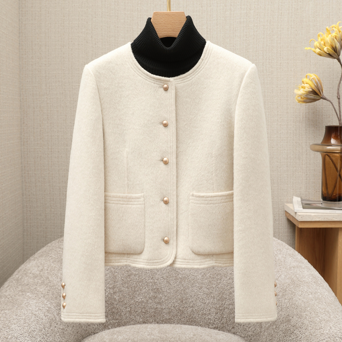 小香风双面呢羊毛大衣女2025秋冬新款小个子短款圆领羊毛呢外套