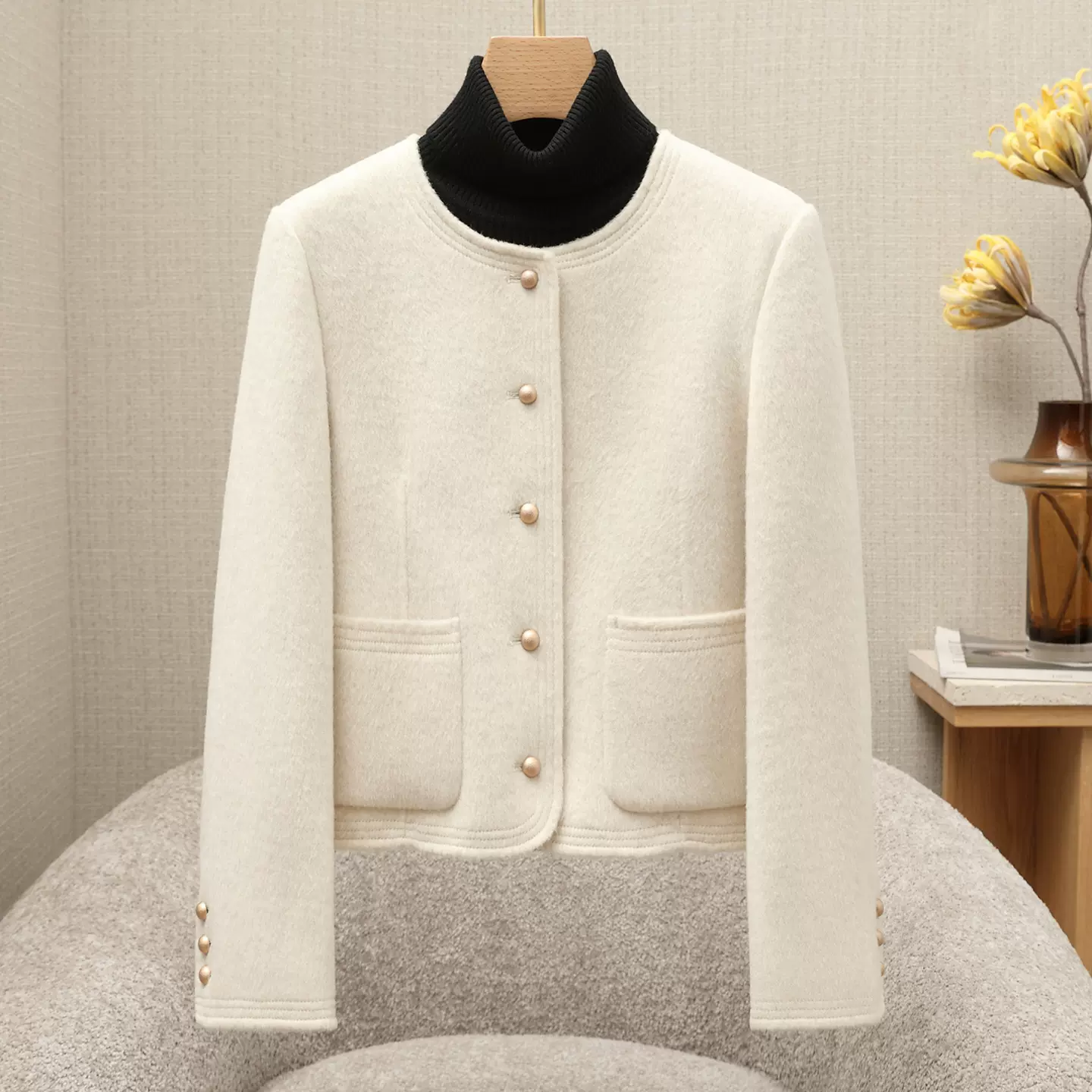 小香风双面呢羊毛大衣女2025秋冬新款小个子短款圆领羊毛呢外套