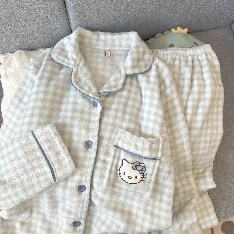플란넬 가을과 겨울 새로운 귀여운 소녀 따뜻한 두꺼운 달콤한 고양이 고양이 느슨한 잠옷 세트 외부에서 착용 할 수 있습니다