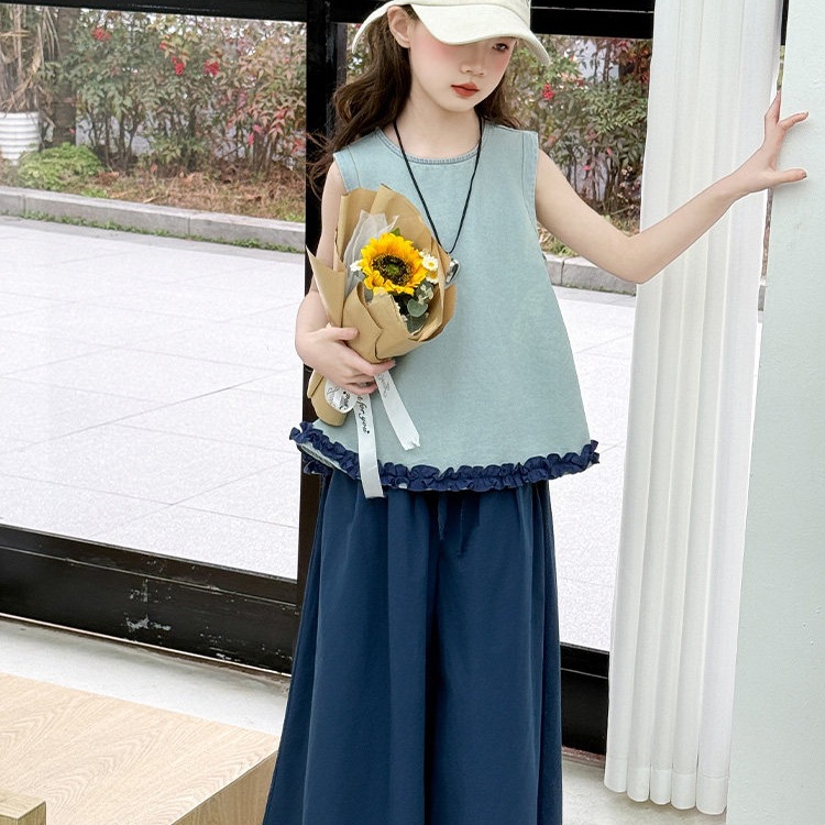 2026 New Summer Set for Girls - Korean Style Sleeveless Lace Babydoll Top and Wide-Leg Pants Two-Piece Set