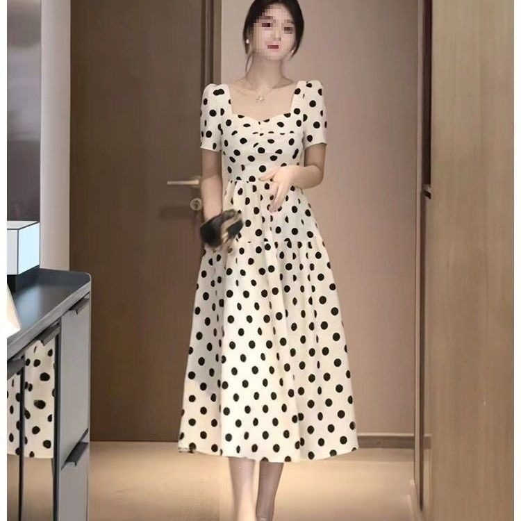 Đầm maxi nữ chấm bi phong cách Pháp tay ngắn suông rộng che khuyết điểm — màu đen, Trắng sữa chi tiết 8