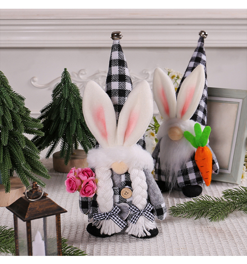 Húsvéti nyuszi fekete-fehér kockás plüss törpe fehér szakállas öregember baba dekoráció_voghion.com