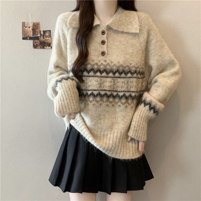 Maillard Fair Isle collar sweater for women, 2026 autumn/winter new collection, plus-size, mohair knit top Maillard Fair Isle collar sweater for women, 2026 autumn/winter new collection, plus-size, mohair knit top