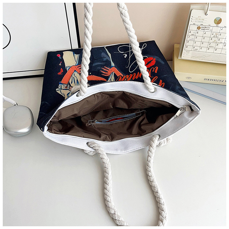 New cross-border tote bag, versatile women's portable shopping bag, creative women's printed aesthetic thick rope beach bag undefined