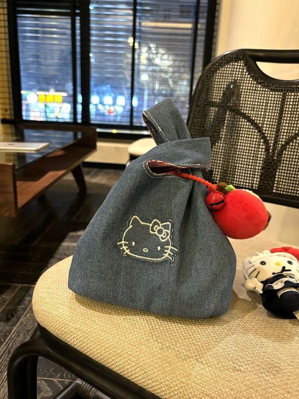かわいい新しいデニムキティ通勤刺繍バッグポータブルストレージ外出コントラストカラーポータブル小さなバッグ|undefined