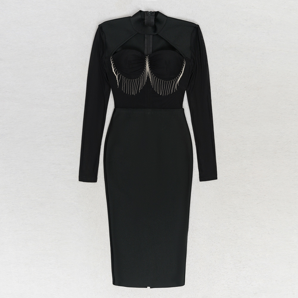 Dress Sexy Tube Top Stitching Mesh Back Slit Slim Fit Long Sleeved Dress