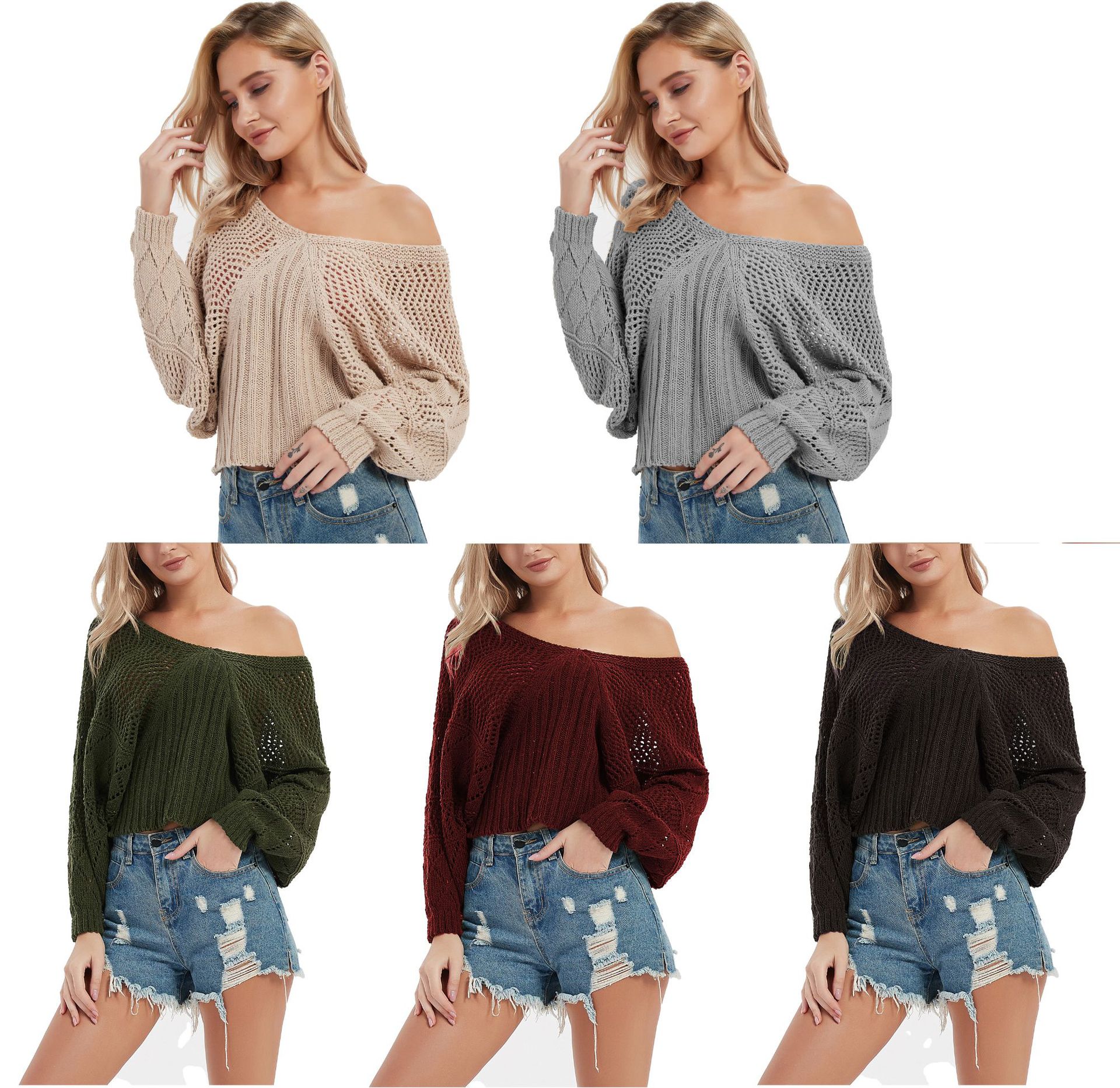 women s long-sleeved solid color hollow V-neck Knitted sweater nihaostyles clothing wholesale NSBY76598