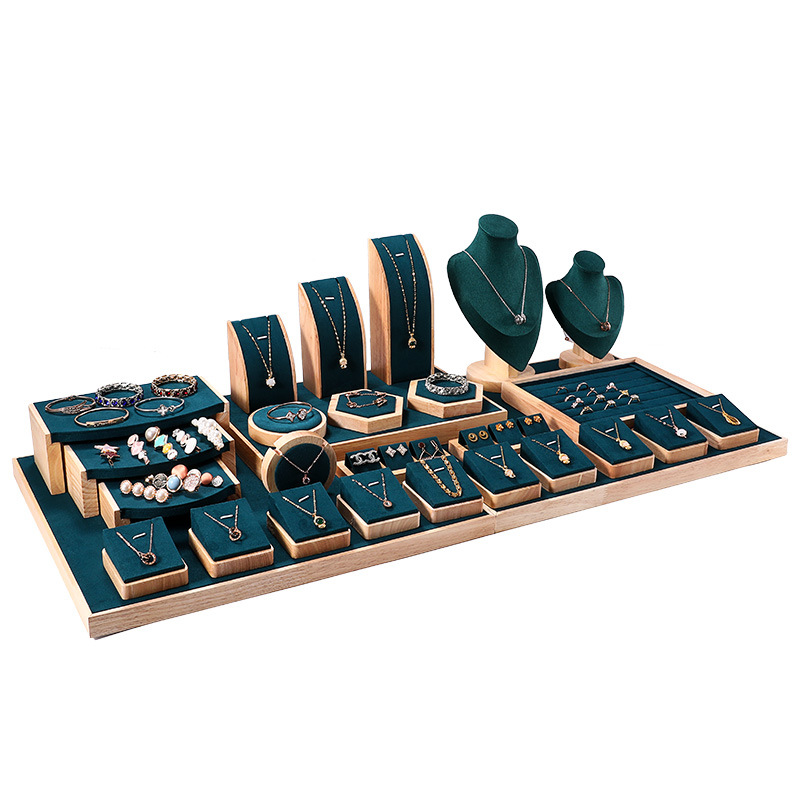 Solid Wood Dark Green Jewelry Display Stand, Jewelry Counter, Ring, Earring, Necklace, Pendant, Jade Pendant Storage and Display Plate