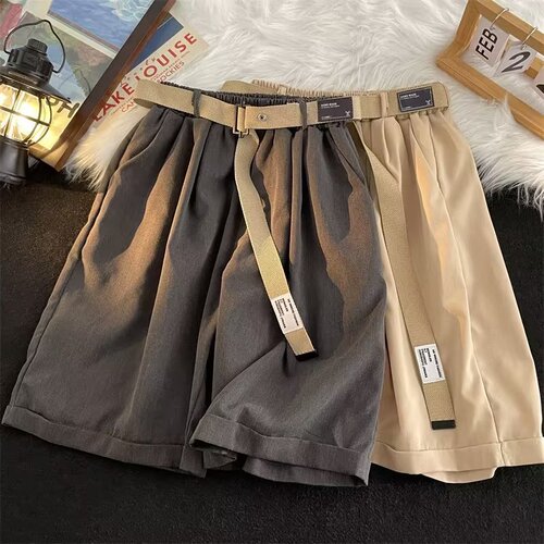 Pure Color Belt Suit Shorts Men Casual Loose Ins Trend Thin Outerwear Sports Five-Finger Wide Leg Mid Pants
