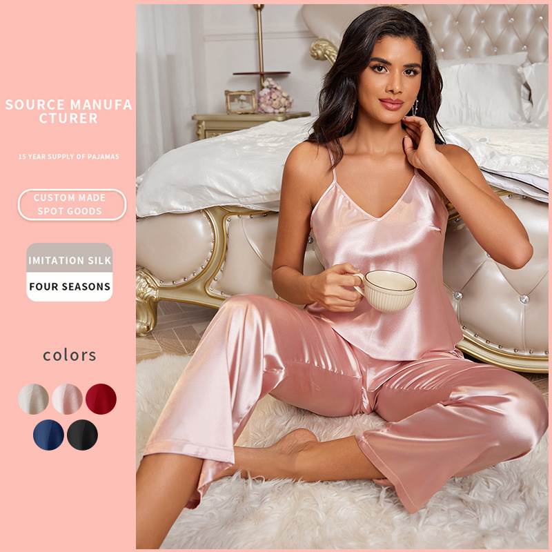 Spring and Autumn Thin Ice Silk Home Clothes Women's Sling Pants Pajamas suit Casual Simple Loose Sleeveless Pajamas