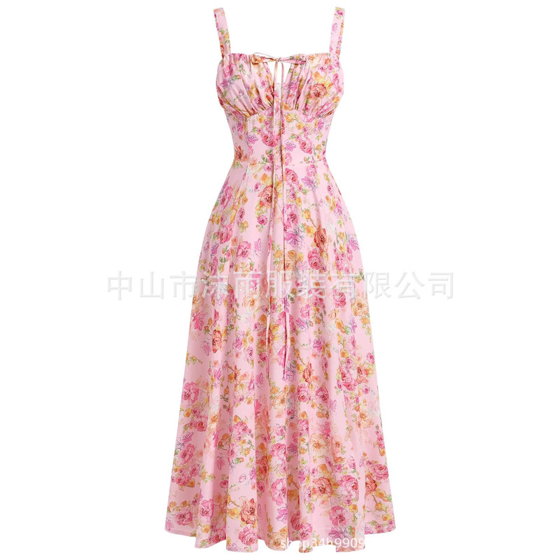 Cross-Border European and American 2026 Amazon Summer New Printed Corset Suspender Skirt Bohemian Resort Style Mid-Length Skirt