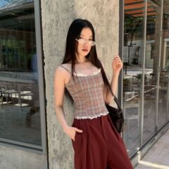 诠释美 NEWOPEN 25秋甜辣复古格子蕾丝花边小个子吊带背心女F6113