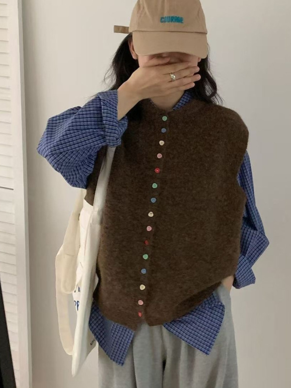 早秋新款复古彩色扣针织马甲女韩系慵懒风无袖毛衣背心叠穿外搭潮|undefined