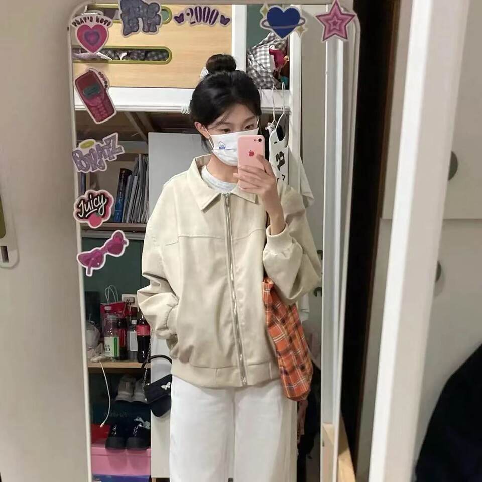 Áo khoác jacket nữ dáng rộng cổ ve áo dài tay phong cách casual — áo khoác mơ