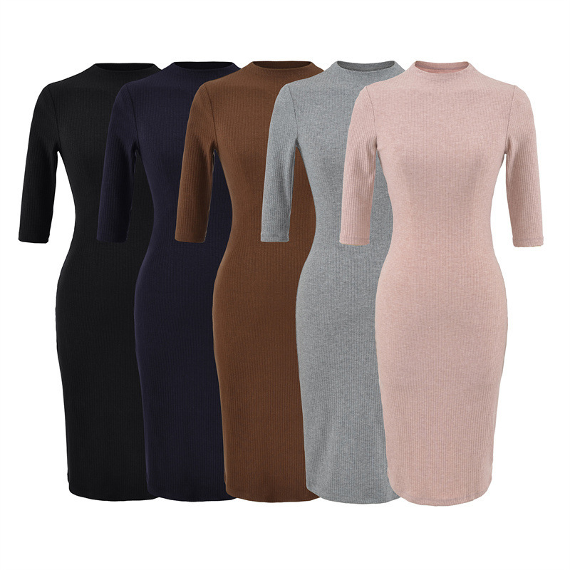 Pink Half-High Collar Ribbed Knit Dress for Women, Summer Slim Fit, Elegant and Alluring, Mid-Sleeve, Bodycon, Mid-Length Dress Pink Half-High Collar Ribbed Knit Dress for Women, Summer Slim Fit, Elegant and Alluring, Mid-Sleeve, Bodycon, Mid-Length Dress