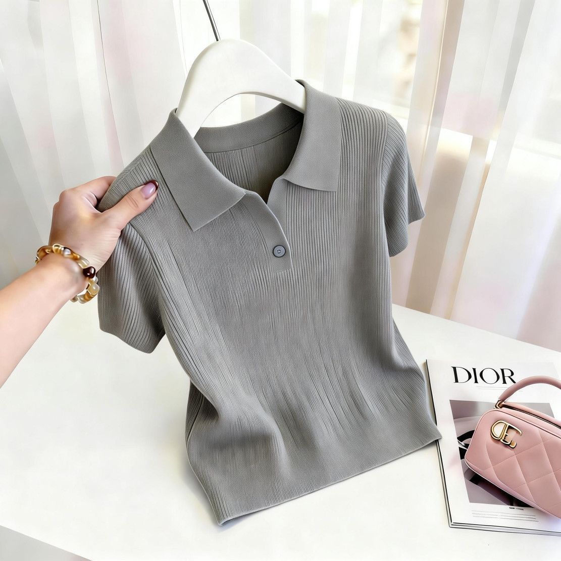 Áo thun nữ cổ Polo tay ngắn chất liệu sợi mát mặc ngoài — trắng chi tiết 1
