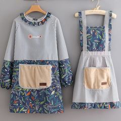 Home Kitchen Fashion Long-Sleeve Anti-Stain Vertical Striped With Hand Wipe Cover Dress Princess Style Belted Apron Wholesale and Dropshipping