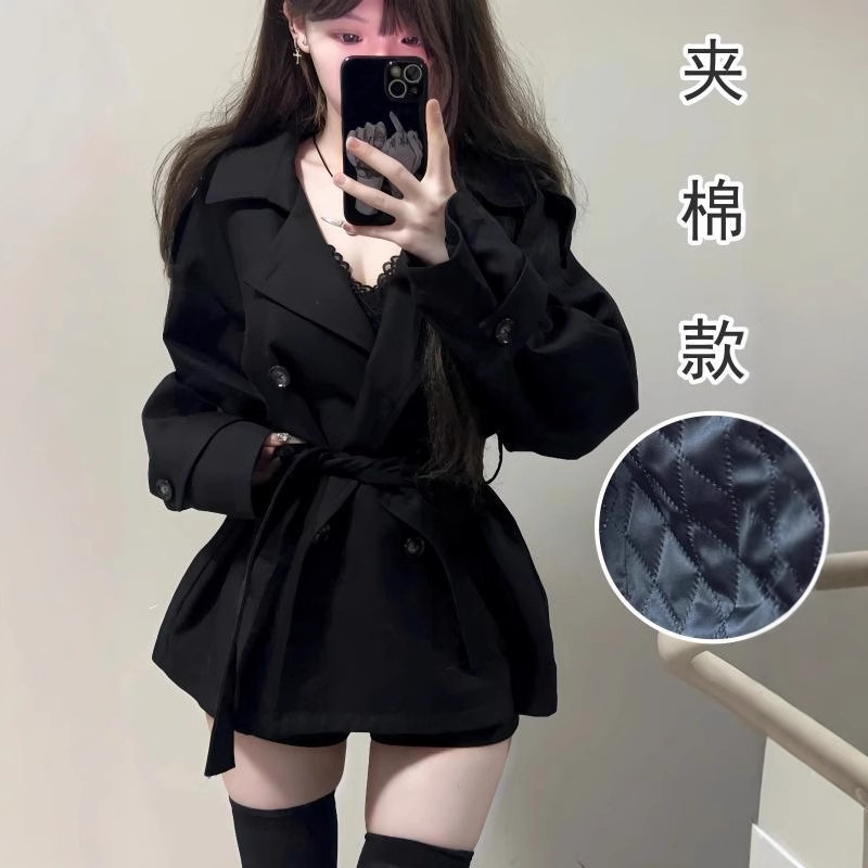 早秋英伦风短款风衣黑色双排扣女小个子秋冬新款感收腰小香风|undefined