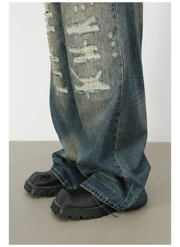 Quần jean nam ống rộng denim rách giặt cũ phong cách đường phố — Màu xanh lam, Đen xám chi tiết 9