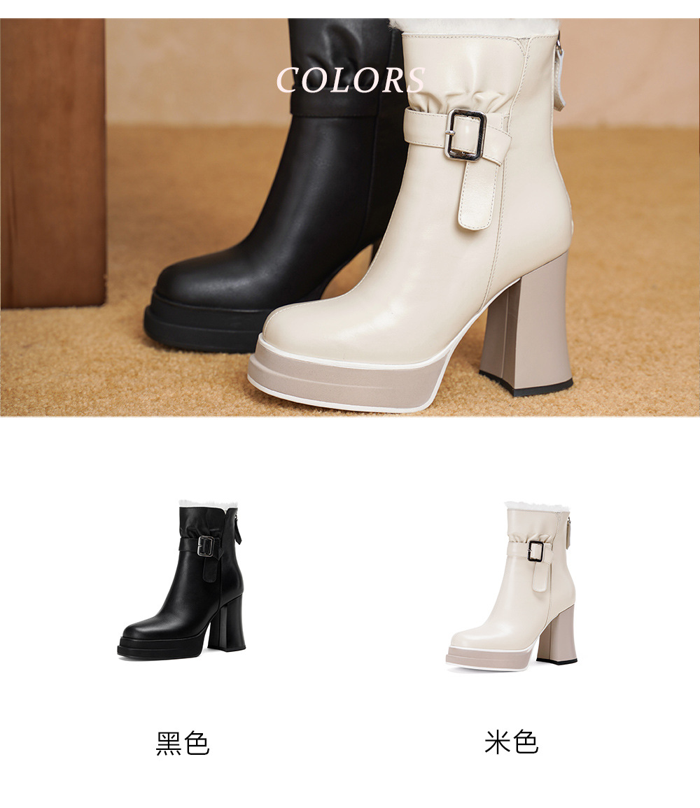 Boot nữ cổ thấp mũi vuông siêu cao gót da bò lót lông cừu ấm áp — màu đen chi tiết 4