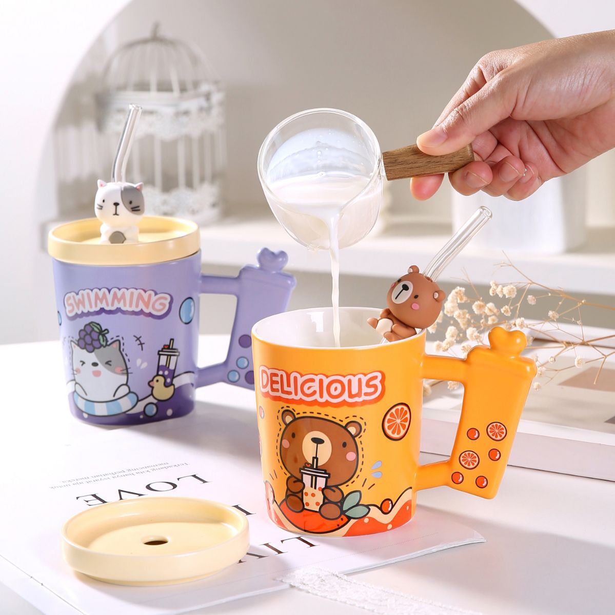 Creativo del color caramelo animal helado leche taza de té lindo cerámica paja dibujos animados lindo regalo