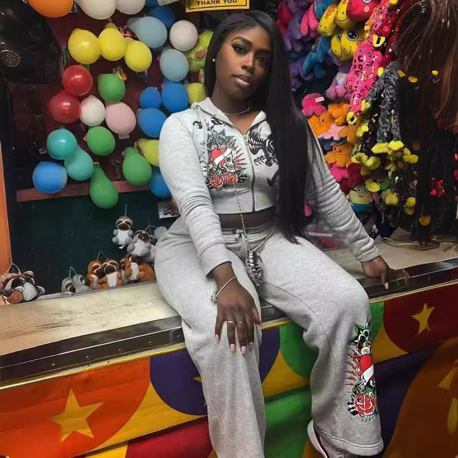 Ensemble décontracté deux pièces sweat-shirt zippé imprimé tendance pour femme_voghion.com