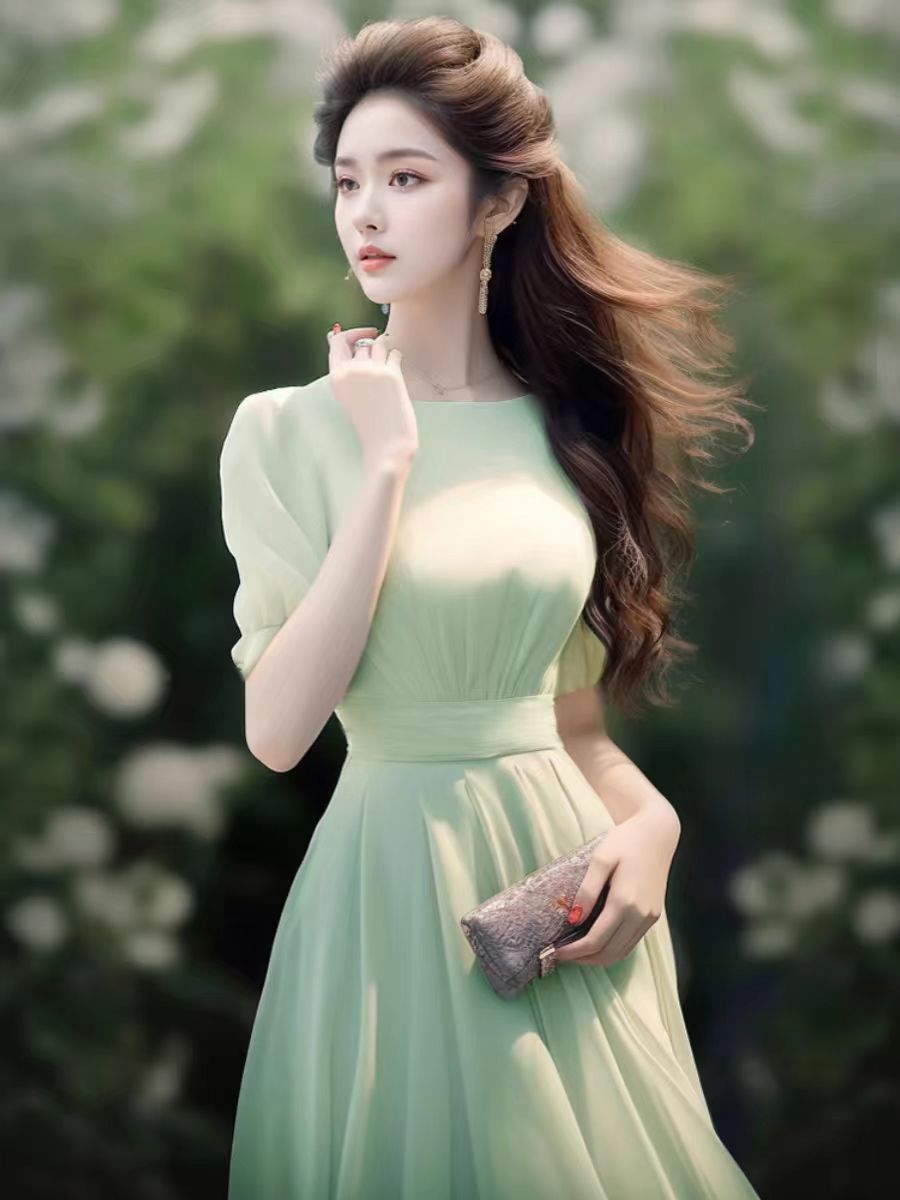 Váy dài ôm sát tinh tế cao cấp FL240245 phong cách Hepburn trắng mùa hè — Màu trắng, Màu xanh lá chi tiết 7