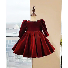 儿童生日礼服红色丝绒花童公主裙女孩钢琴高端演出服女童主持人春