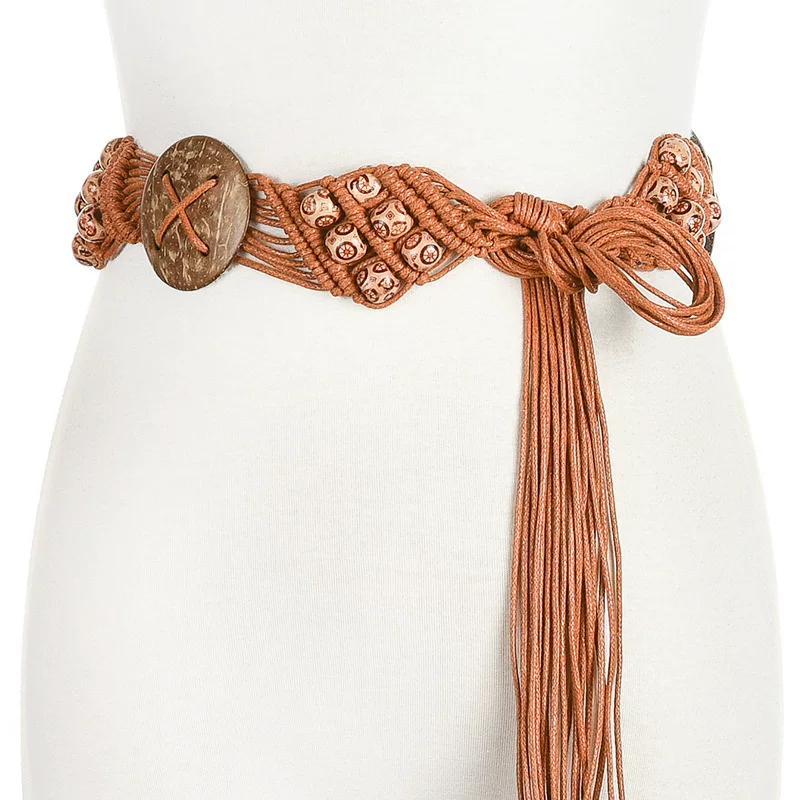 Ethnic retro trend belt, woven waist rope with tassels, trousers, ethnic style