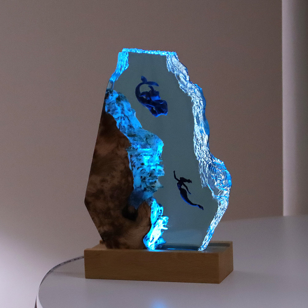 Home accessories mermaid ocean whale diver devil fish art ornaments solid wood resin night light gift