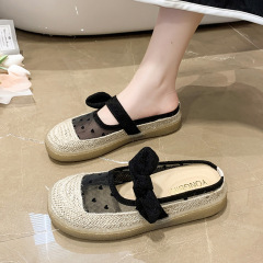 網紗拖鞋女外穿2024年新款秋季百搭時尚透氣包頭半拖厚底漁夫涼拖