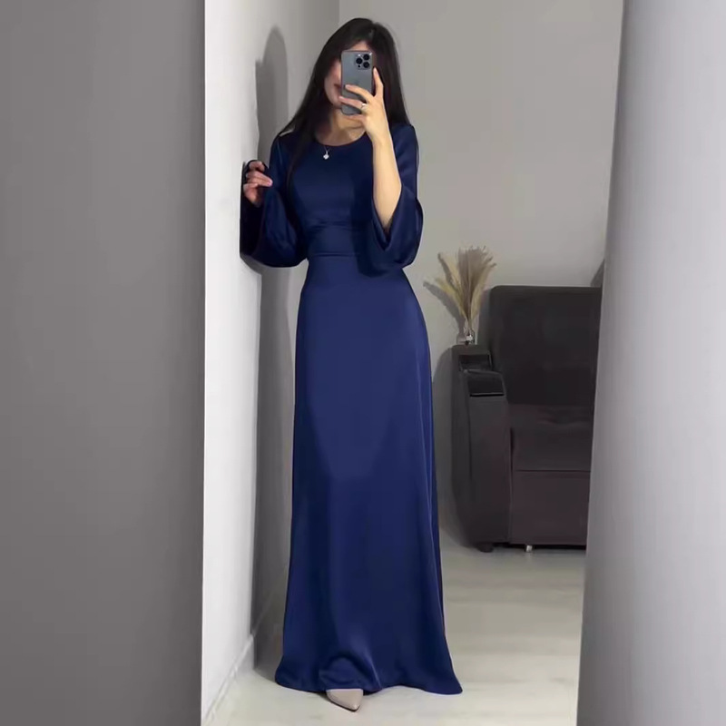 Amazon European and American 2026 Spring New Style Waist-Cinching Slimming Tie-Up Solid Color Long-Sleeve Long Dress Elegant Dress for Women Amazon European and American 2026 Spring New Style Waist-Cinching Slimming Tie-Up Solid Color Long-Sleeve Long Dress Elegant Dress for Women