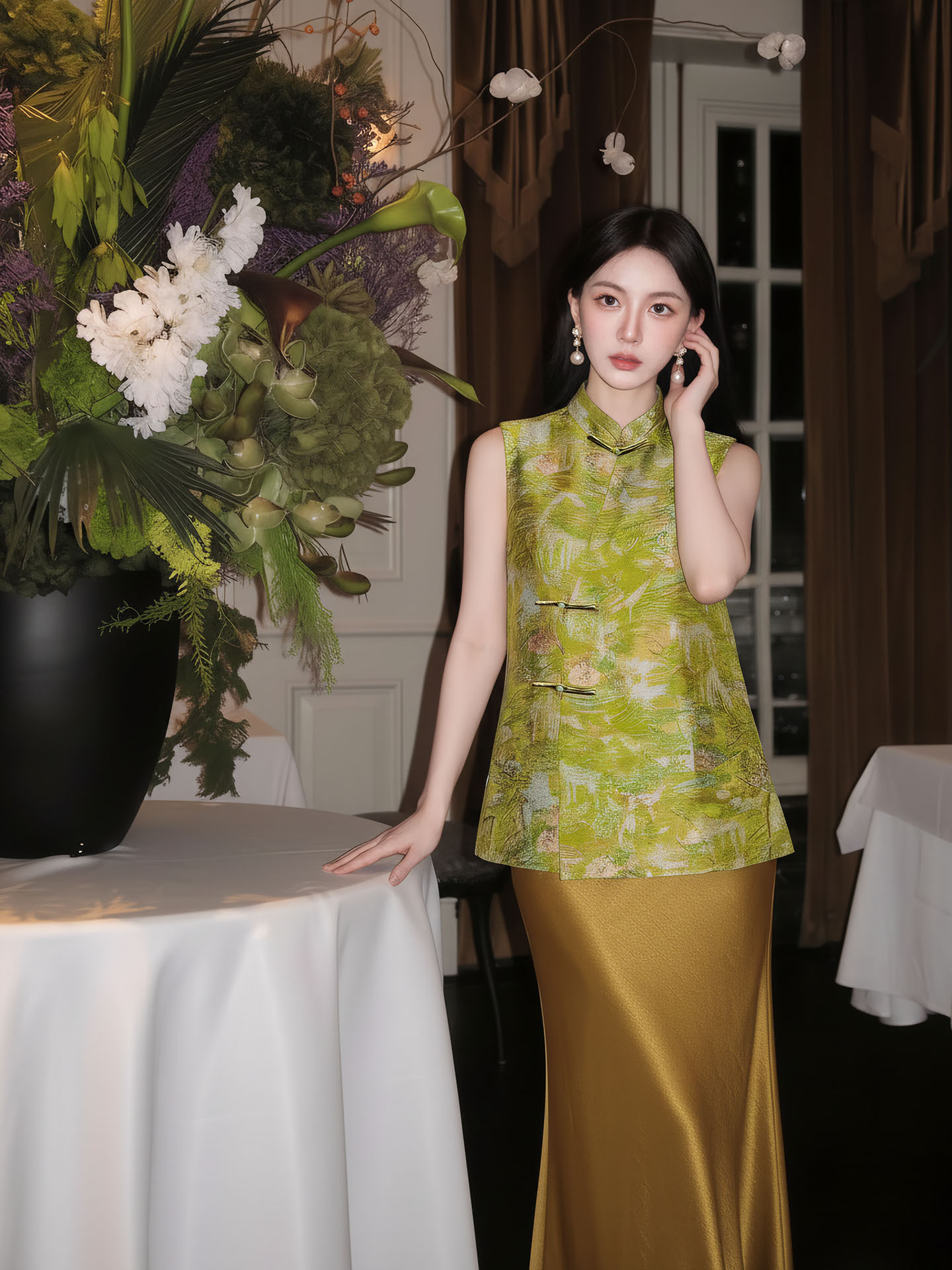 Áo hai dây nữ phong cách Trung Hoa thêu hoa, cúc bấm, chất liệu satin mềm mại — Xanh lá cây nhạtcolor