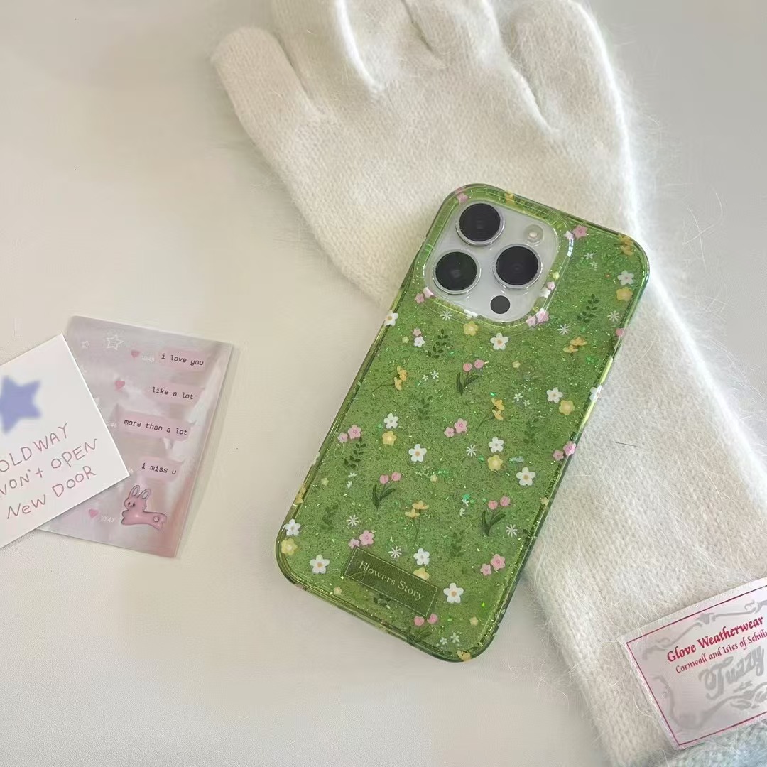 Pequeño brillo fresco verde floral para iPhone14 Apple 16ProMax funda para teléfono móvil 15 femenino 13 nuevo 16