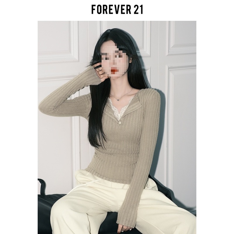 Forever21气质灰色蕾丝假两件V领针织小衫女纯欲修身长袖打底上衣|undefined
