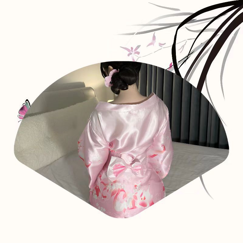 Japanese Kimono Cosplay Lingerie Set with Pink Robe and Body Stocking, Polyester, One Size — detail image 7