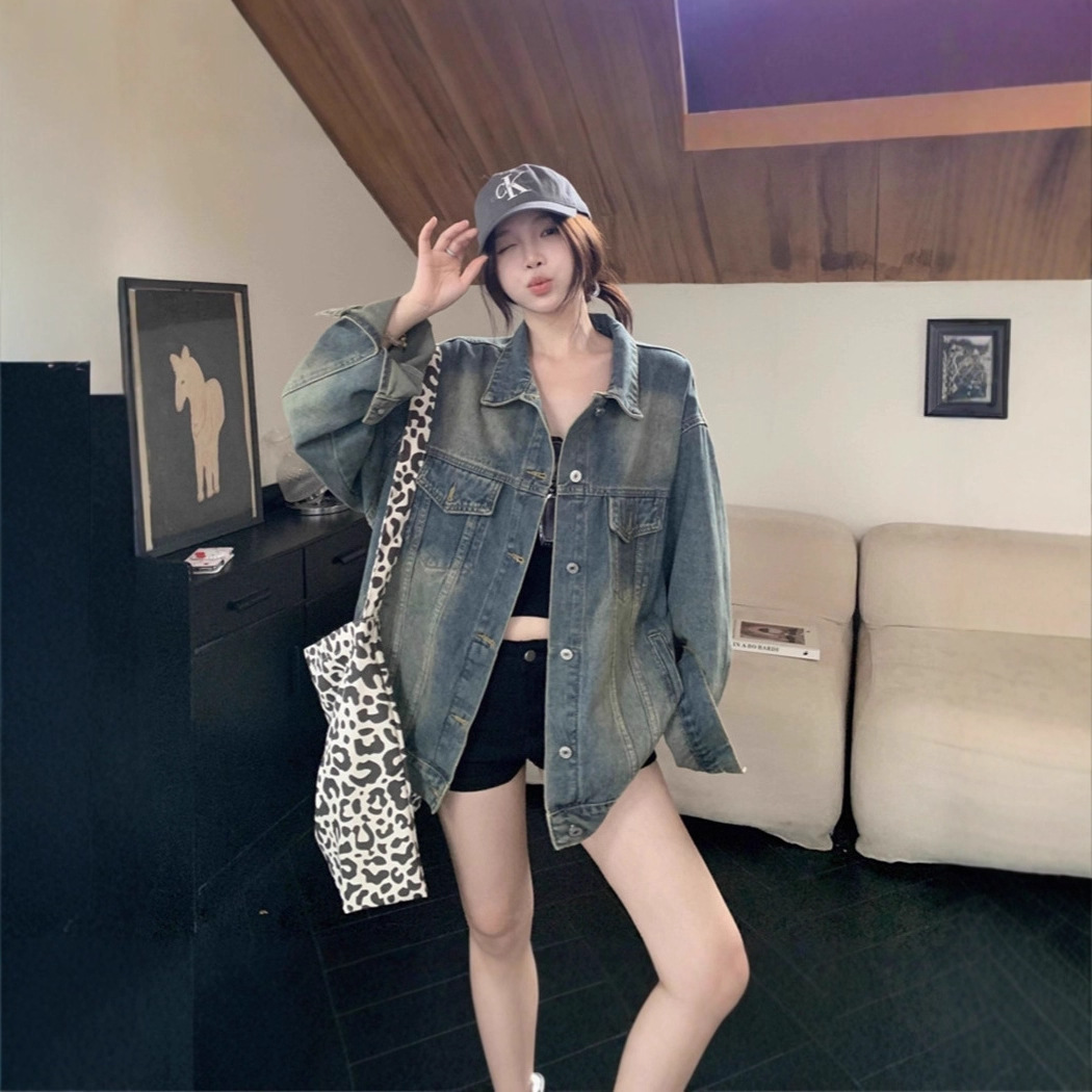 American retro washed distressed denim jacket for women, 2025 new spring and autumn style, niche design, versatile top.