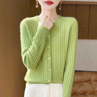 宽松麻花开衫女圆领慵懒风针织外套秋冬加厚软糯厚实羊毛毛衣