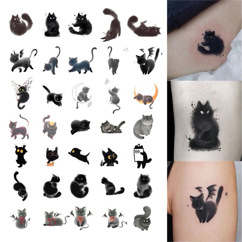Dark Ink Cat Animal Cute Tattoo Sticker Waterproof Women's Long-lasting Real-life Hand-painted Chinese Style Domineering Ins Style